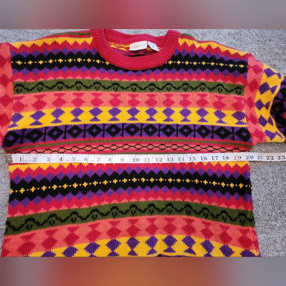 Vintage 80s 90s Interim Geometric Knit Sweater Bold Colorful Sz small Coogi Vibe - Picture 9 of 10